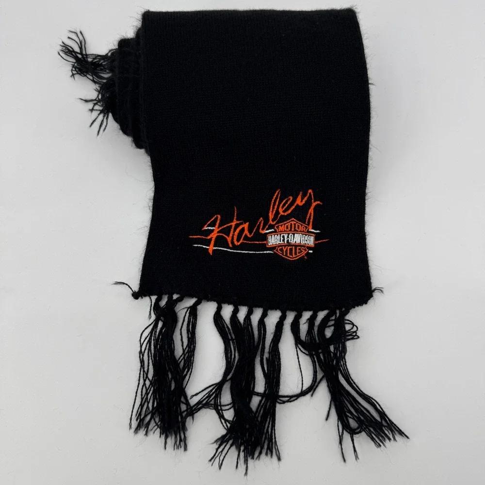 Vintage Harley Davidson Scarf Black Knit Embroidered Logo Fringe Made in USA